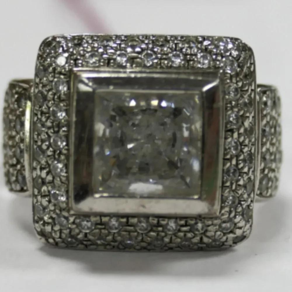 Sterling Silver Ring With Large Princess Cut CZ Center Stone - Ring Size 7